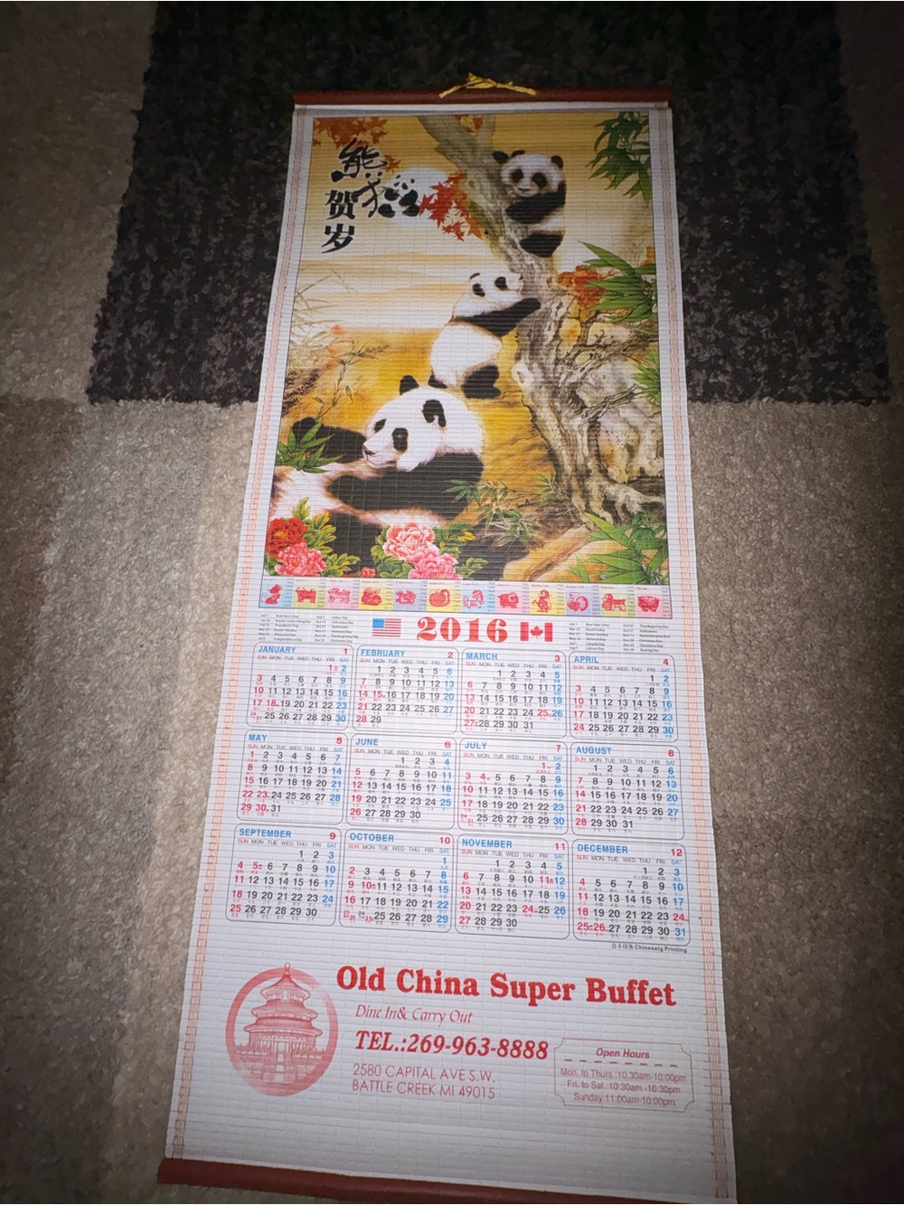 2016 Chinese Panda Scroll Style Hanging Calendar